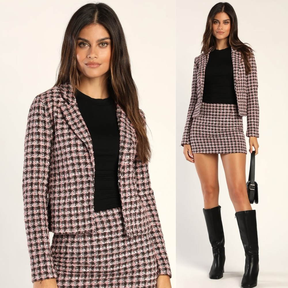 Lulu's Always A Good Idea Pink Tweed Boucle Blazer & Mini Skirt Set